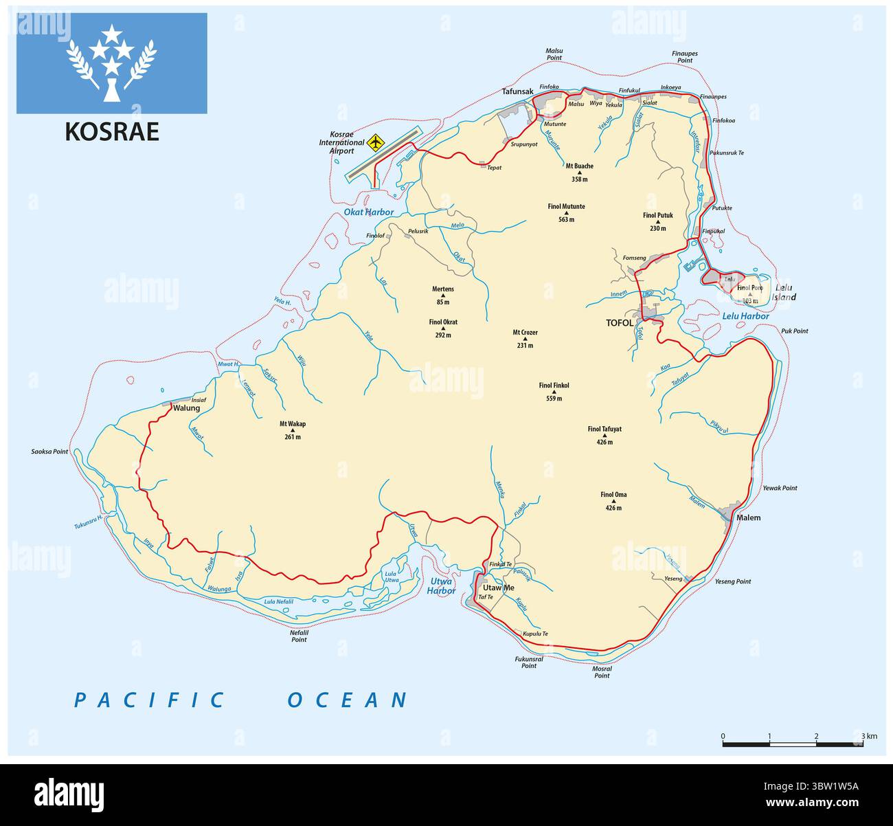 Carte de l'île de Kosrae, Carolines, Micronésie Banque D'Images