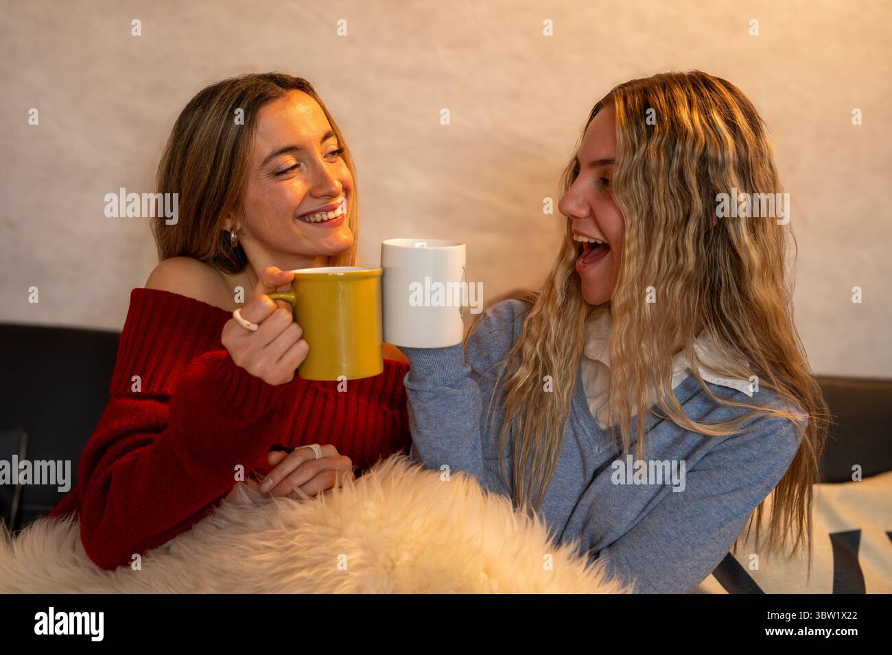 Deux amies joyeuses appréciant un moment de détente ensemble, grillant avec des tasses et partageant le rire dans un cadre confortable à la maison Banque D'Images