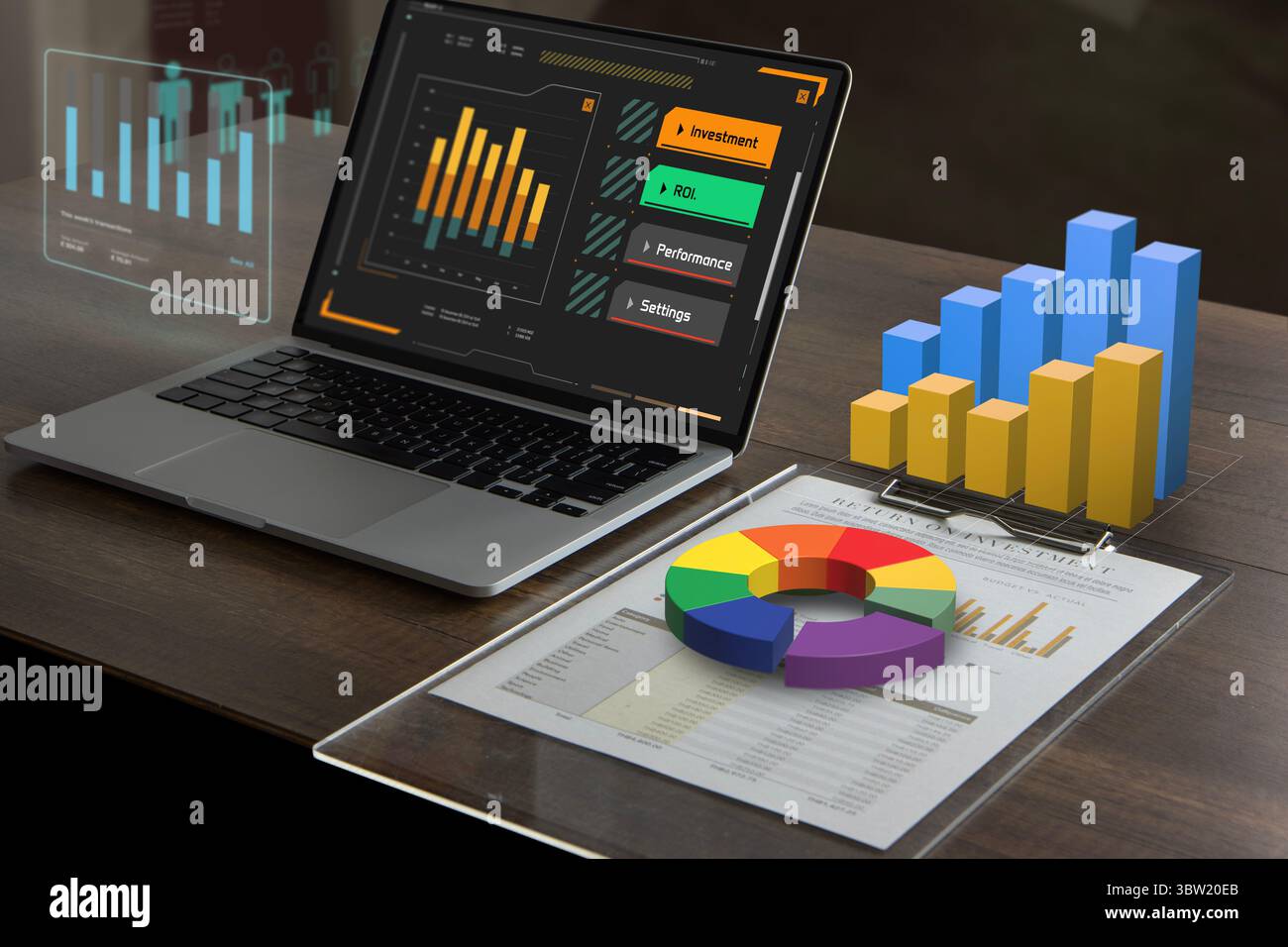 Informations commerciales modernes réalité augmentée diagrammes infographiques 3D colorés pour l'analyse des risques d'investissement et le retour sur investissement. Banque D'Images