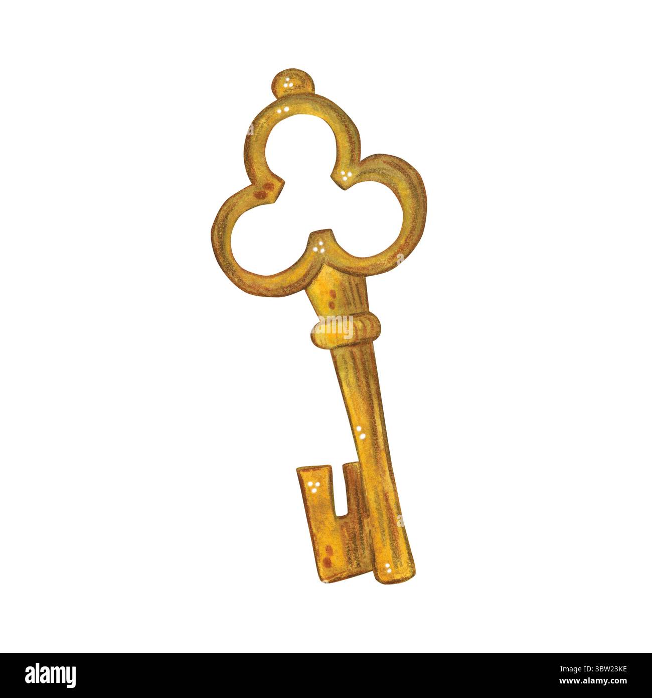 Clé antique dorée. Illustration aquarelle dessinée à la main, dessin animé. Dessin pour scrapbooking, autocollants, cartes. Clé, serrure, porte, secret, métal, or Banque D'Images