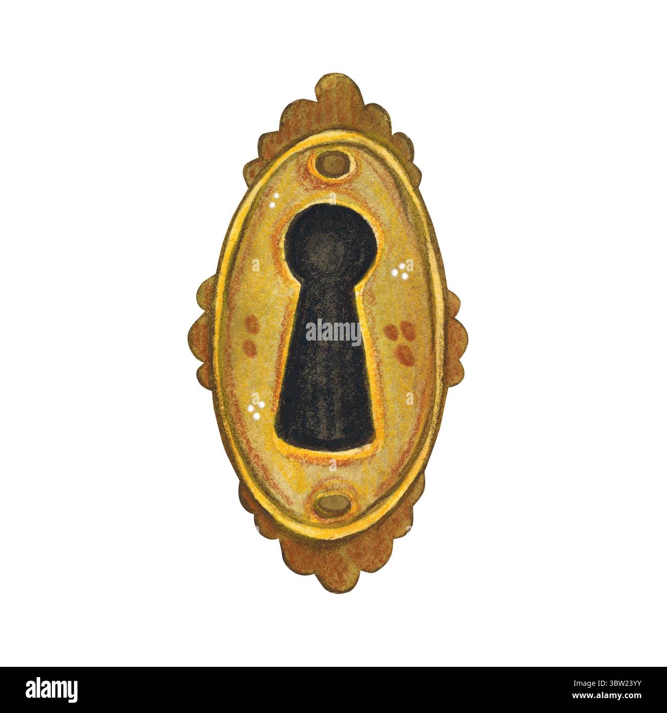 Trou de serrure rétro doré. Illustration aquarelle dessinée à la main, dessin animé. Dessin pour scrapbooking, autocollants, cartes. Clé, trou de serrure, porte, secret, Banque D'Images