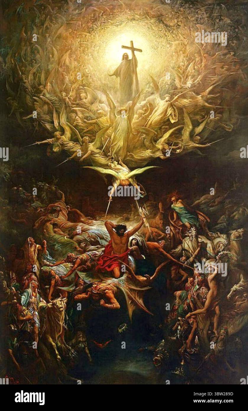 Le triomphe du christianisme sur le paganisme (1868 ?). Huile en toile. 118 x 79 po Christ, portant une croix, entouré d'une foule d'anges, formant un cercle, des épées prêtes à attaquer, balayant au-dessus des dieux païens de toutes sortes. Gustave Doré - Banque D'Images