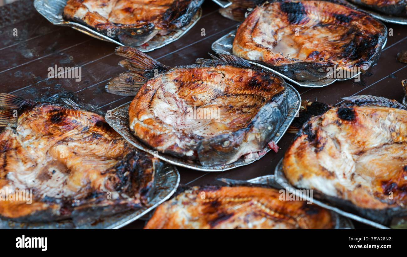 Dégustez du poisson masgouf grillé à la perfection sur les marchés locaux irakiens, mettant en valeur une riche tradition culinaire culturelle et une cuisine communautaire. Banque D'Images