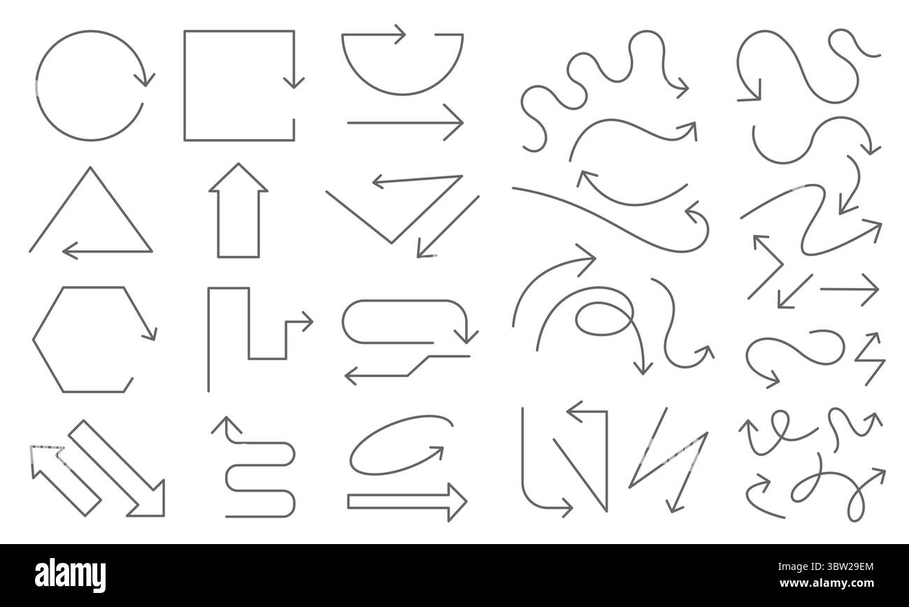 Flèches linéaires. Éléments décoratifs minimalistes abstraits à vagues spirales zigzag courbe spirale torsadée spirale, signes modernes minces de doodle à flèches monoline. Vecteur Illustration de Vecteur