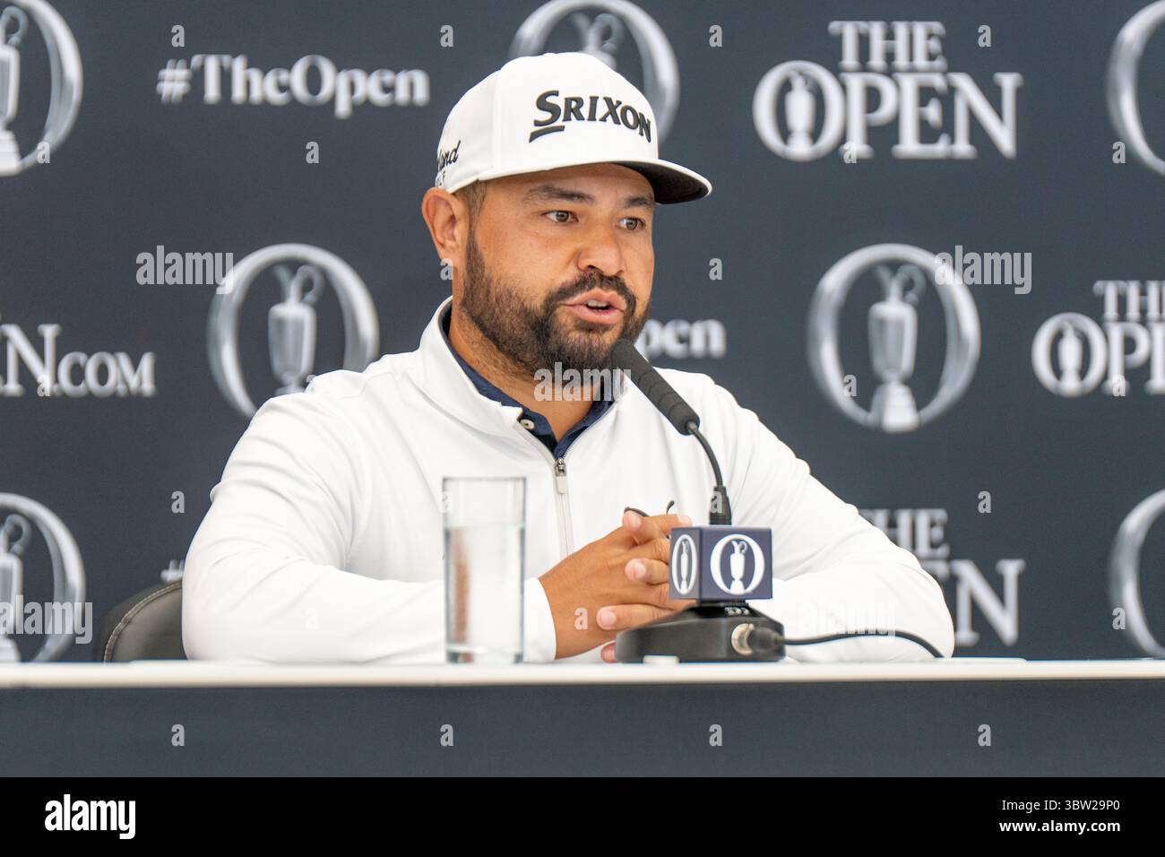 Portrush, Irlande. 16 juillet 2025. Le champion AMÉRICAIN de l’Open JJ Spaun lors de sa conférence de presse en prévision du 153e Open Championship à Royal Portrush. Crédit : Tim Gray/Alamy Live News Banque D'Images
