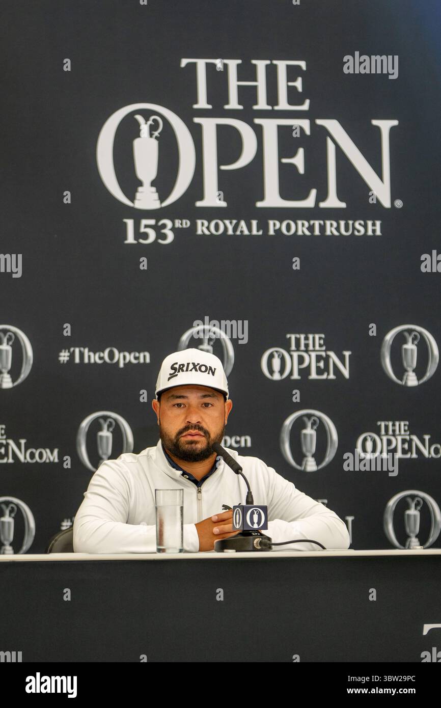 Portrush, Irlande. 16 juillet 2025. Le champion AMÉRICAIN de l’Open JJ Spaun lors de sa conférence de presse en prévision du 153e Open Championship à Royal Portrush. Crédit : Tim Gray/Alamy Live News Banque D'Images