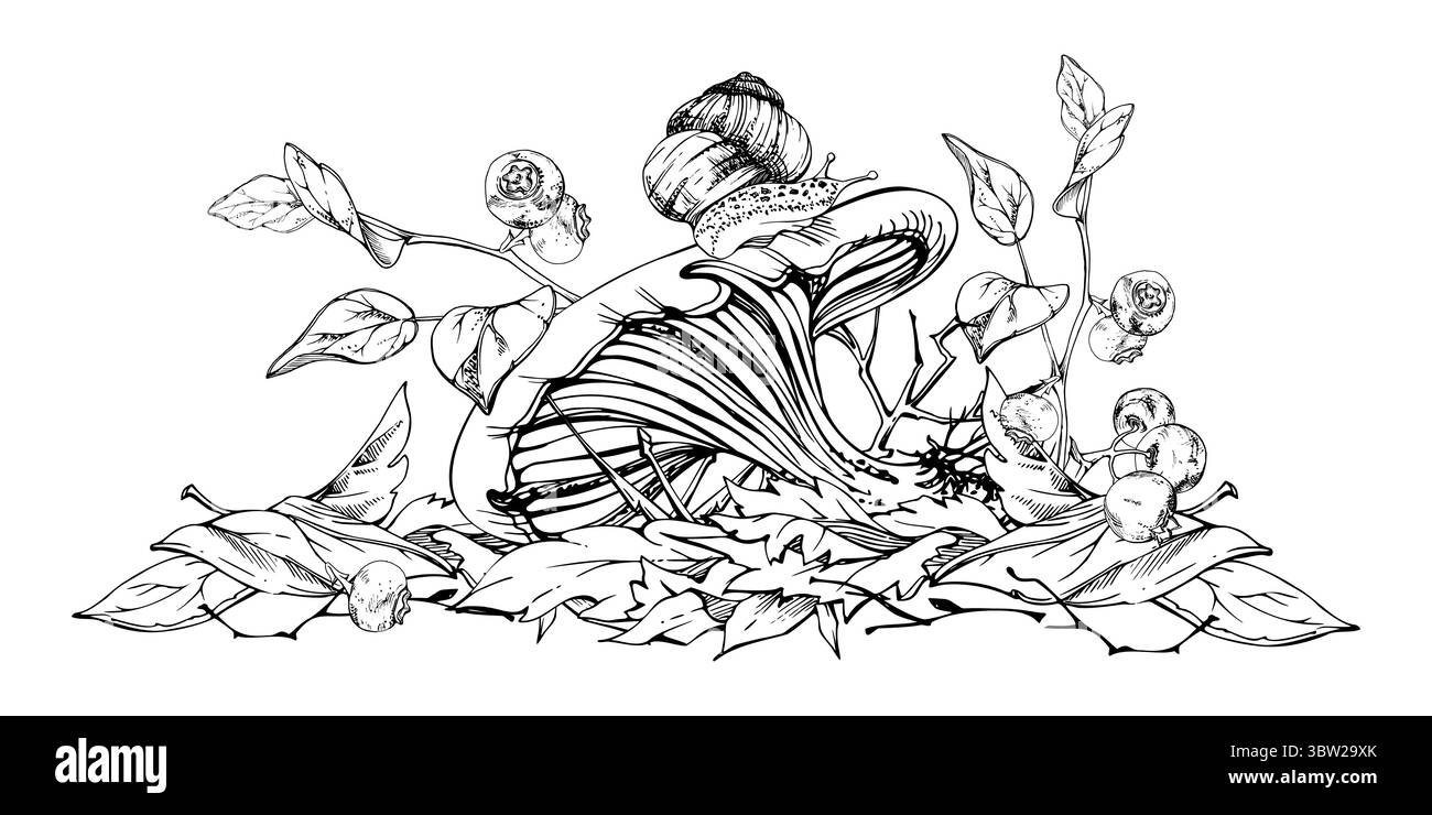 Champignon Russula cortinarius webcap, escargot rampant sur la casquette, brindilles de baies de myrtille sur le dessus de feuilles d'automne tombées. Plancher forestier Illustration de Vecteur