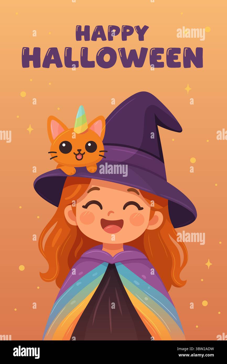 Mignon salut d'Halloween avec fille de sorcière souriante et chat licorne sur son chapeau Illustration de Vecteur