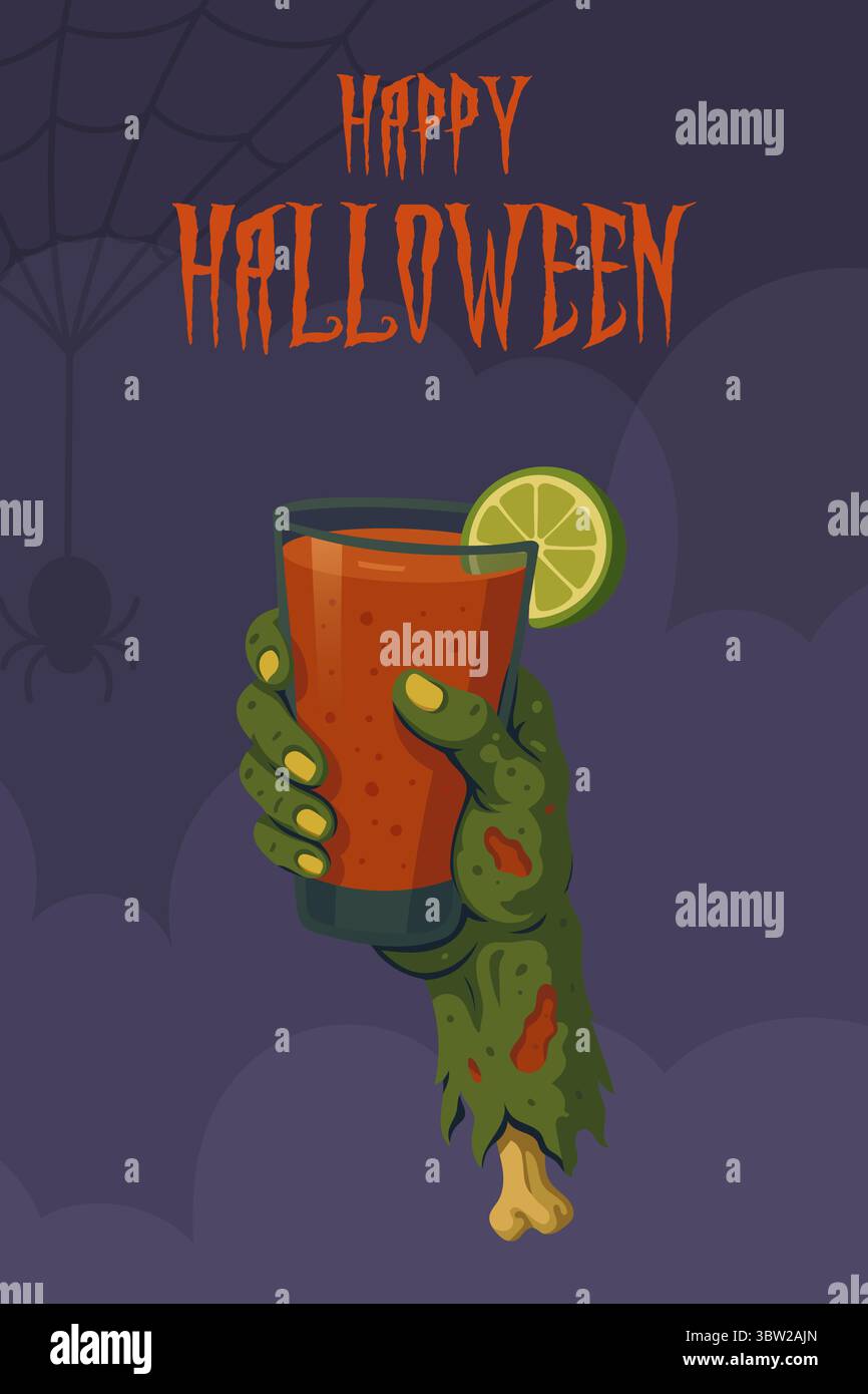 Main de zombie tenant Bloody Mary cocktail avec citron vert la nuit d'Halloween Illustration de Vecteur