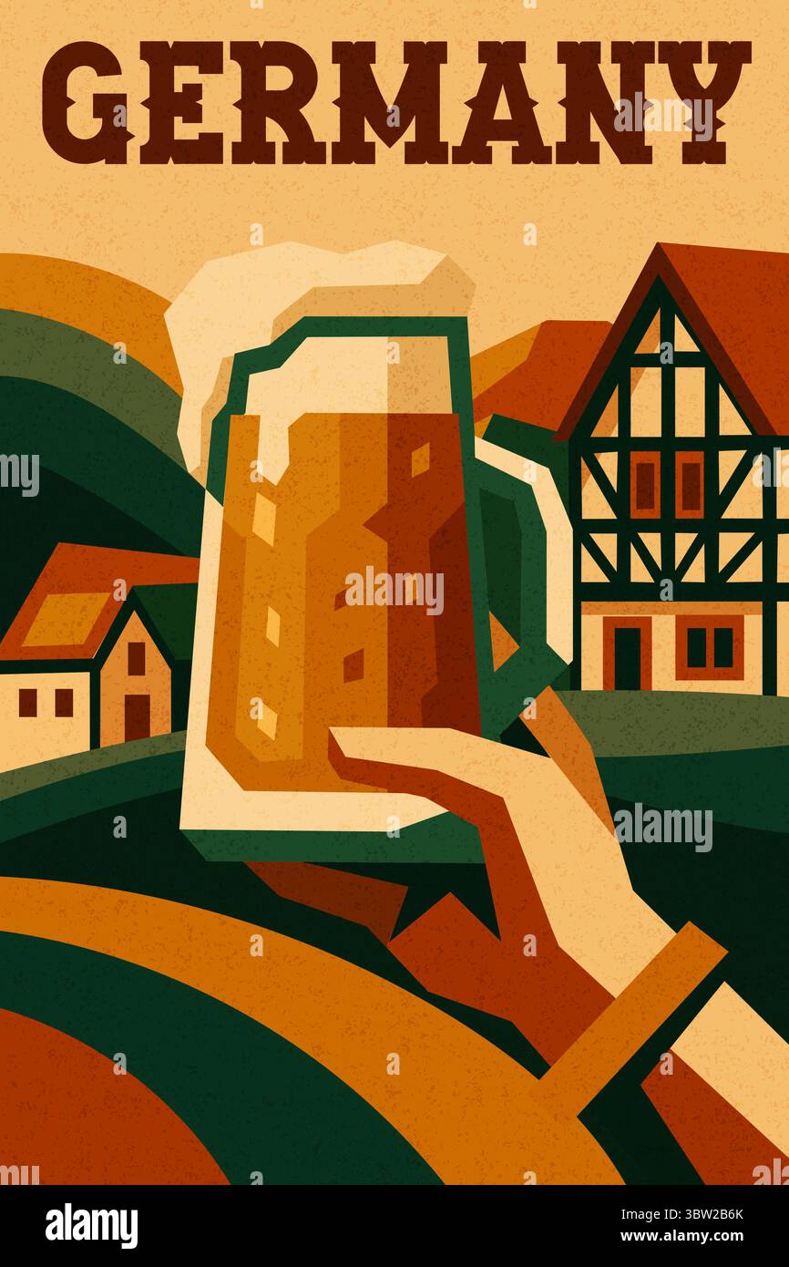 Main tenant un verre de bière allemande. boisson traditionnelle dans un style d'affiche rétro géométrique avec architecture rurale et paysage chaleureux Illustration de Vecteur