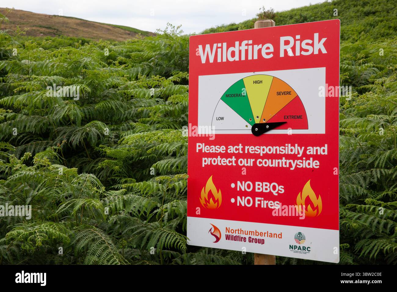 En dépit de la verdure trompeuse Bracken, un panneau de risque d'incendie de forêt est placé à Extreme dans la Beamish Valley près d'Ingram, Northumberland. En raison du temps sec prolongé, les feux de prairie et les feux de forêt sont de plus en plus fréquents au Royaume-Uni en raison du changement climatique et il y a des appels pour la création d'un plan national pour les pompiers. Banque D'Images