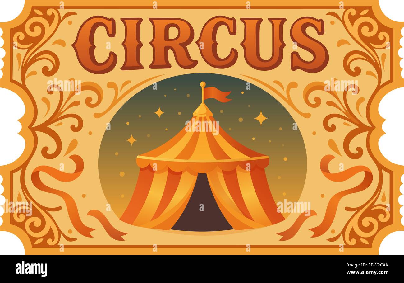 ancien billet de cirque vintage avec tente sur fond de ciel Illustration de Vecteur