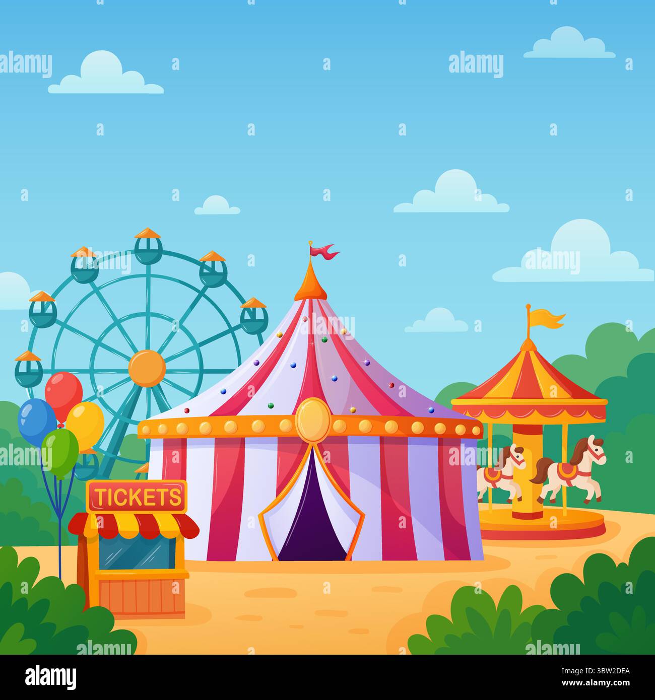 Cirque roulant avec un chapiteau, un carrousel, une grande roue, une billetterie, un parc d'attractions Illustration de Vecteur