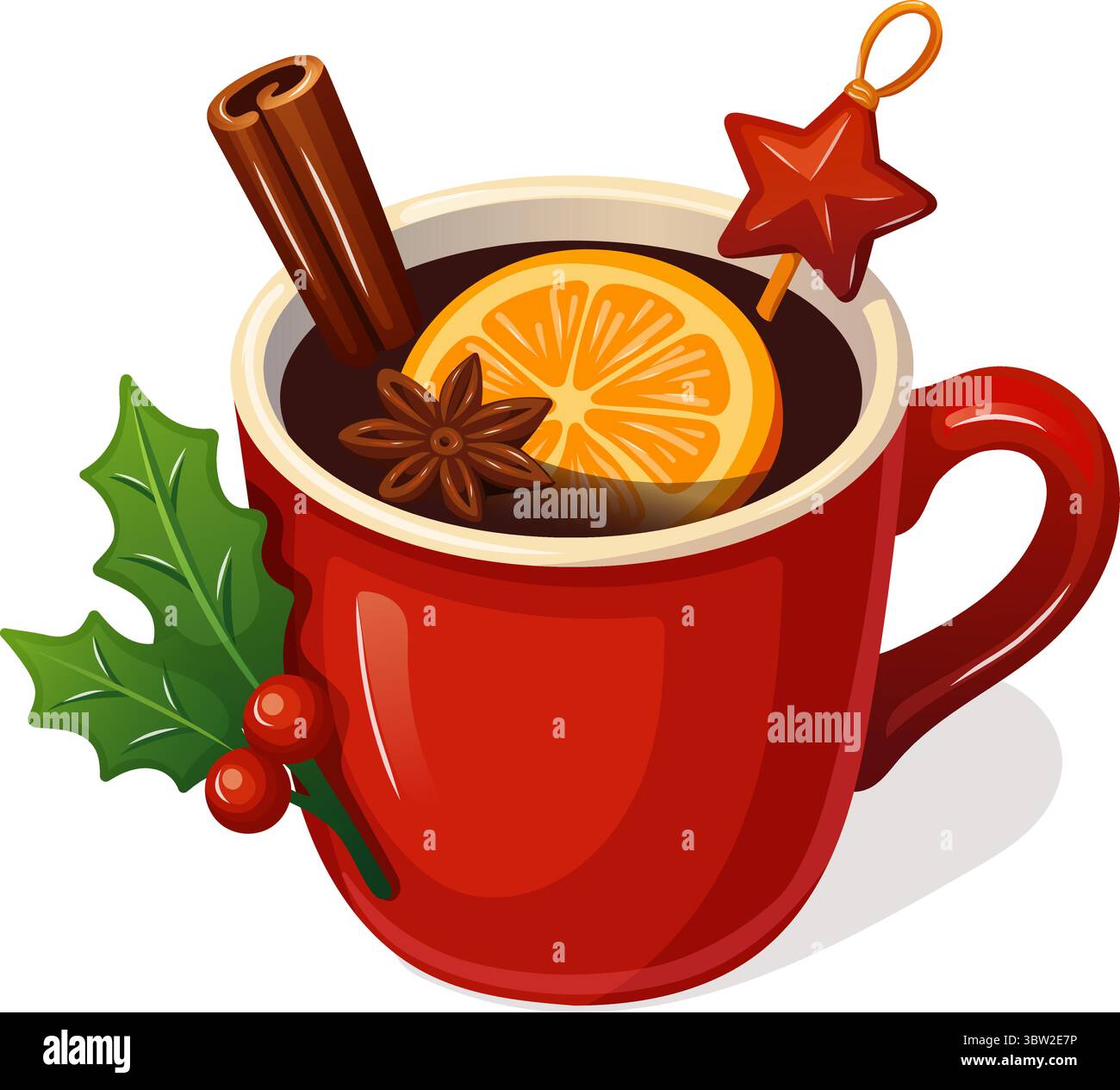 Mug rouge festif de vin chaud avec tranche d'orange cannelle bâtonnet d'anis étoilé et brin de houx Illustration de Vecteur