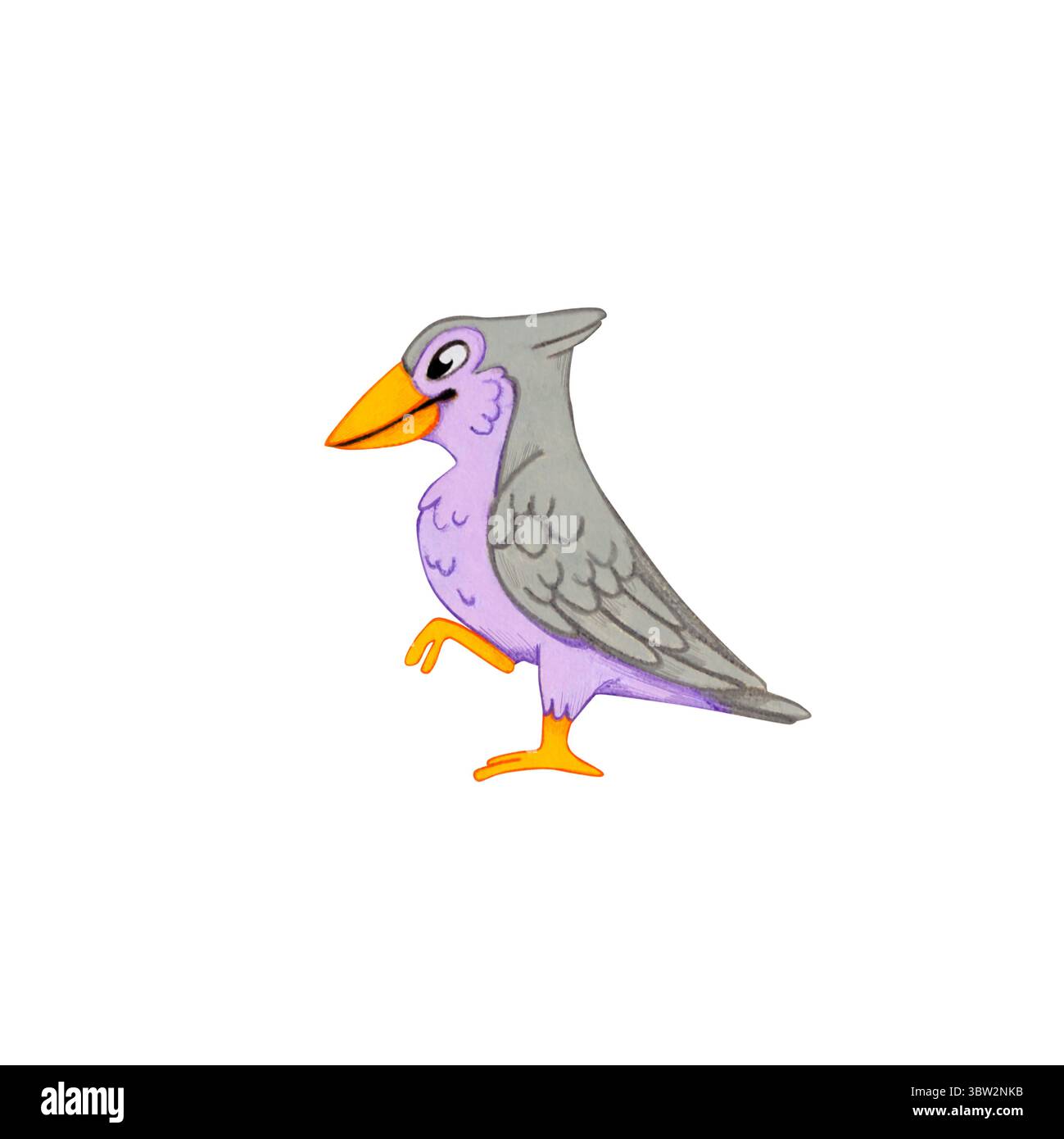 Oiseau de dessin animé avec un grand bec sur un fond blanc. Illustration aquarelle d'un oiseau fantastique, d'un conte de fées. Plumes gris-violet. Parfait pour Banque D'Images