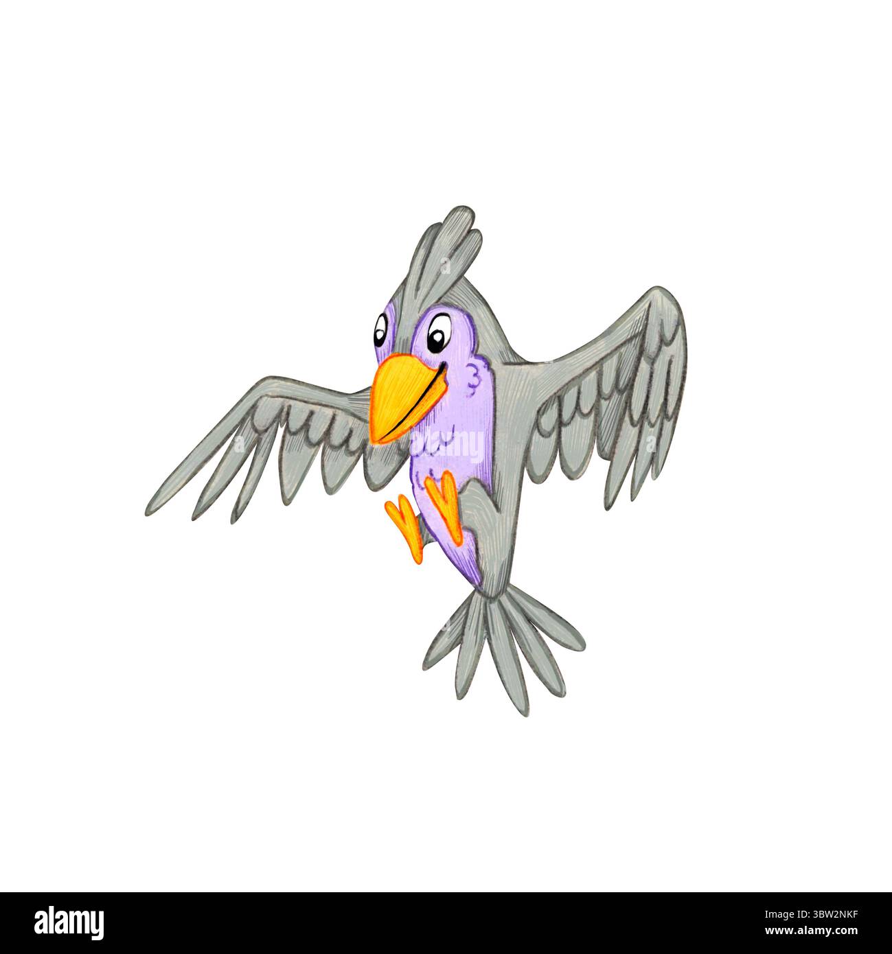 Oiseau de dessin animé avec un grand bec, volant sur un fond blanc. Illustration aquarelle d'un oiseau fantastique, d'un conte de fées. Plumes gris-violet. Perf Banque D'Images