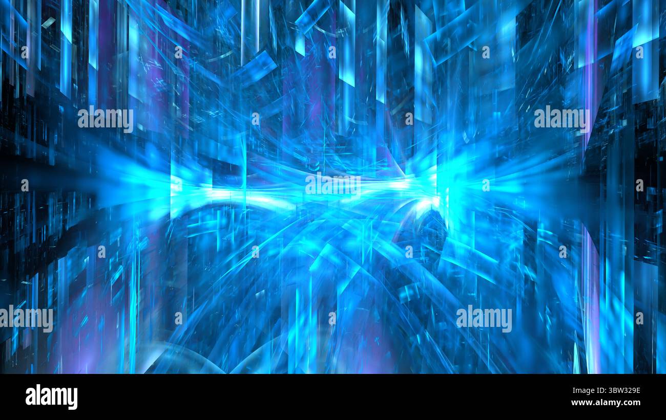 Un arrière-plan vibrant et abstrait affiche des motifs bleus dynamiques et des effets de lumière. Cet environnement numérique transmet une sensation futuriste, mettant l’accent sur la profondeur Banque D'Images