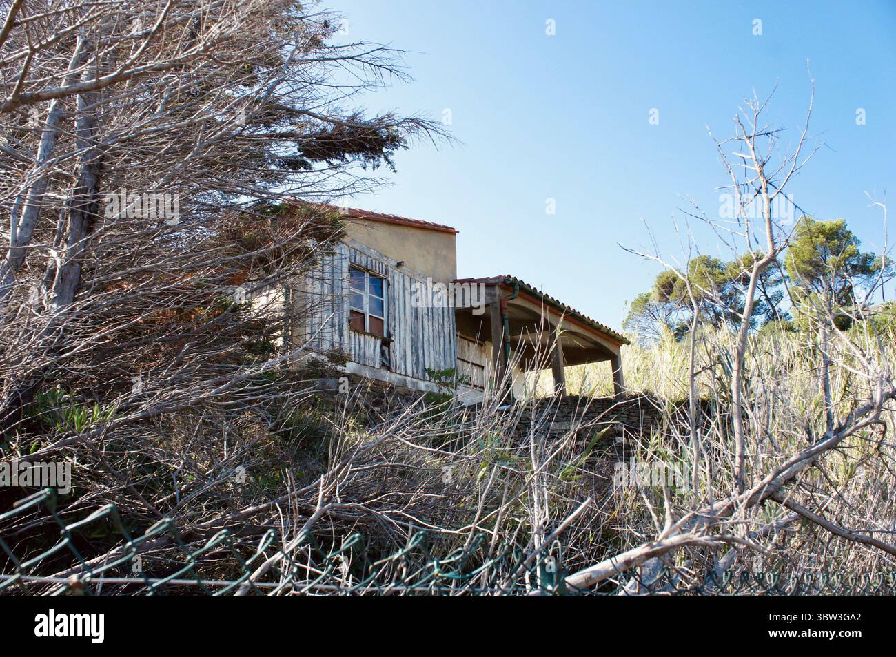 Cottage rustique en pierre et végétation méditerranéenne, collines près de Collioure, France Banque D'Images