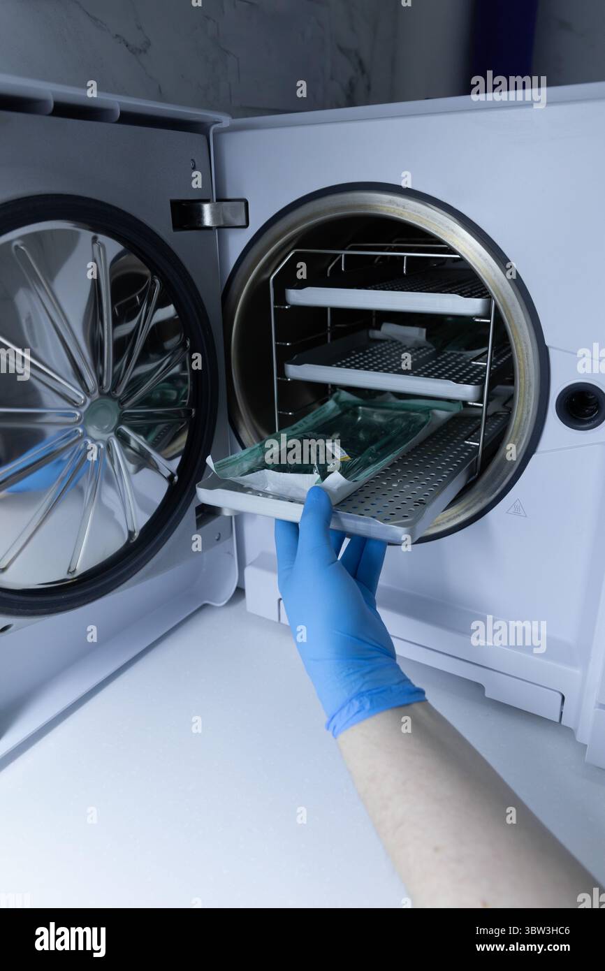 La main dans le gant bleu tient soigneusement un plateau avec des articles en verre à retirer d'une chambre à vide de laboratoire conçue pour le séchage et la conservation des éléments sensibles Banque D'Images