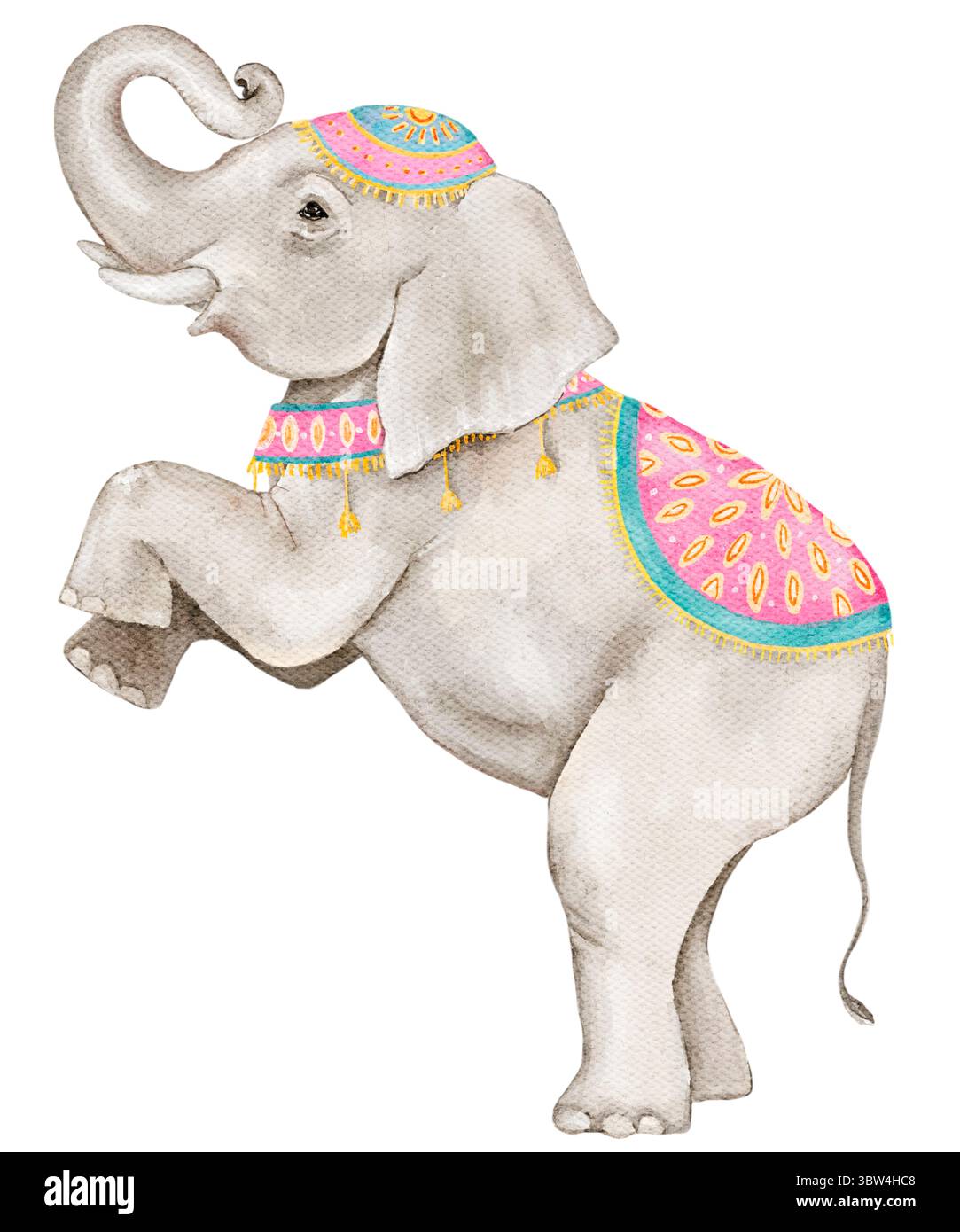 Éléphant debout avec couverture festive et coiffe. Illustration d'aquarelle peinte à la main pour les dessins sur le thème de l'Inde, cartes de douche de bébé, textile, yoga Banque D'Images