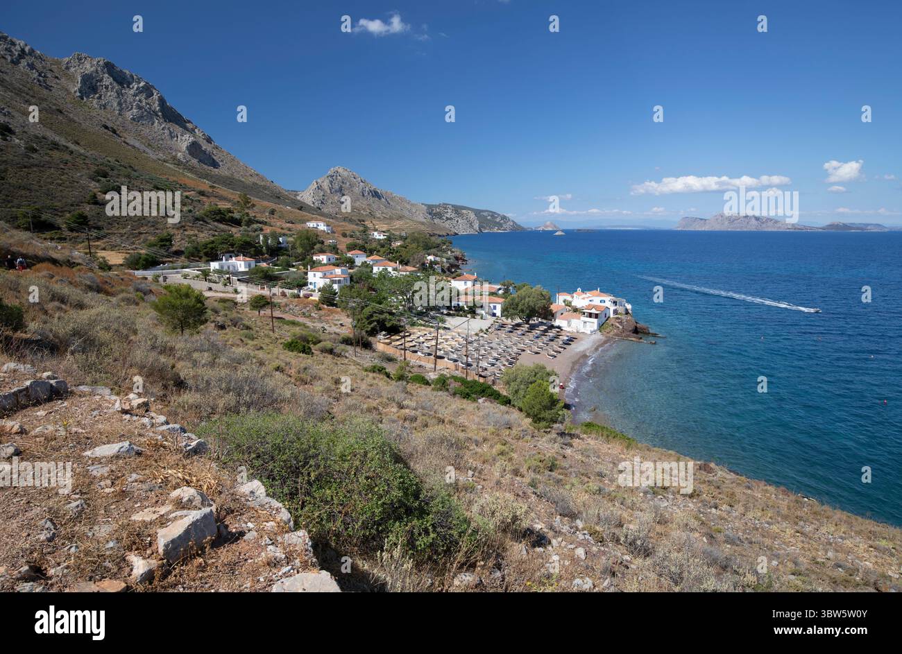 Plage de Vlychos, Hydra, Îles Saroniques, Îles grecques, Grèce, Europe Banque D'Images