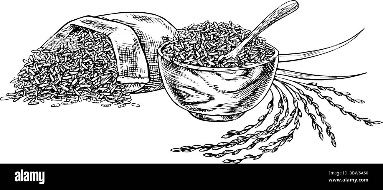 Sac en toile de jute et un bol en bois avec riz ou avoine, blé ou seigle. Graphiques en noir et blanc, illustrations vectorielles. Élément de conception pour menus, recettes et Illustration de Vecteur
