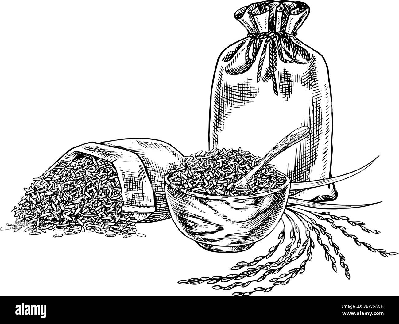 Sacs en toile de jute et un bol en bois avec riz ou avoine, blé ou seigle. Graphiques en noir et blanc, illustrations vectorielles. Élément de conception pour menus, recettes et Illustration de Vecteur