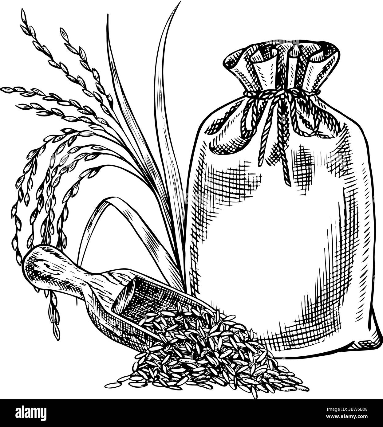 Sacs en toile de jute et une pelle en bois avec du riz ou de l'avoine, du blé ou du seigle. Graphiques en noir et blanc, illustrations vectorielles. Élément de conception pour menus, recettes et Illustration de Vecteur