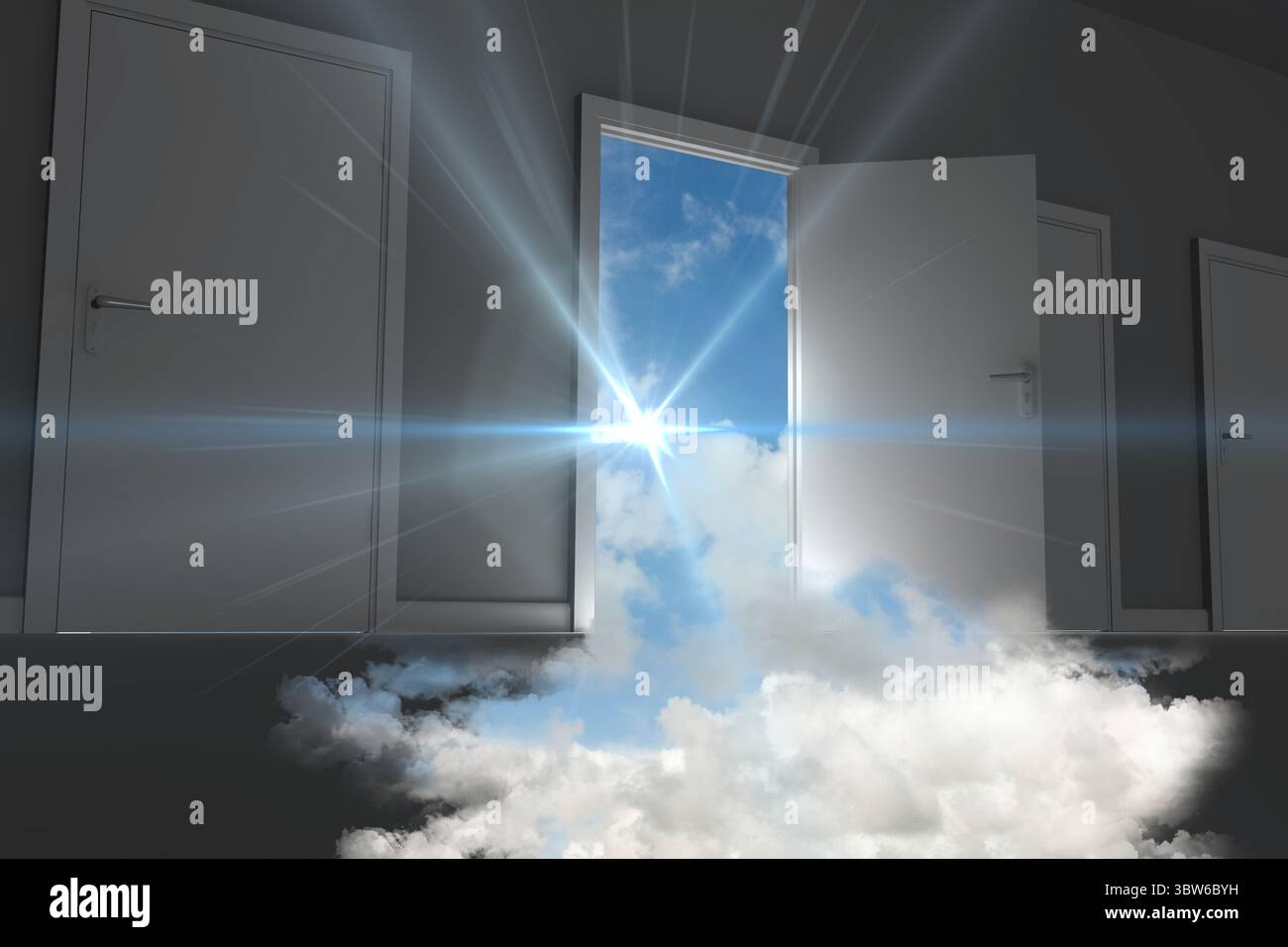 Composite numérique de la lumière du soleil et des nuages entrant dans la pièce Banque D'Images