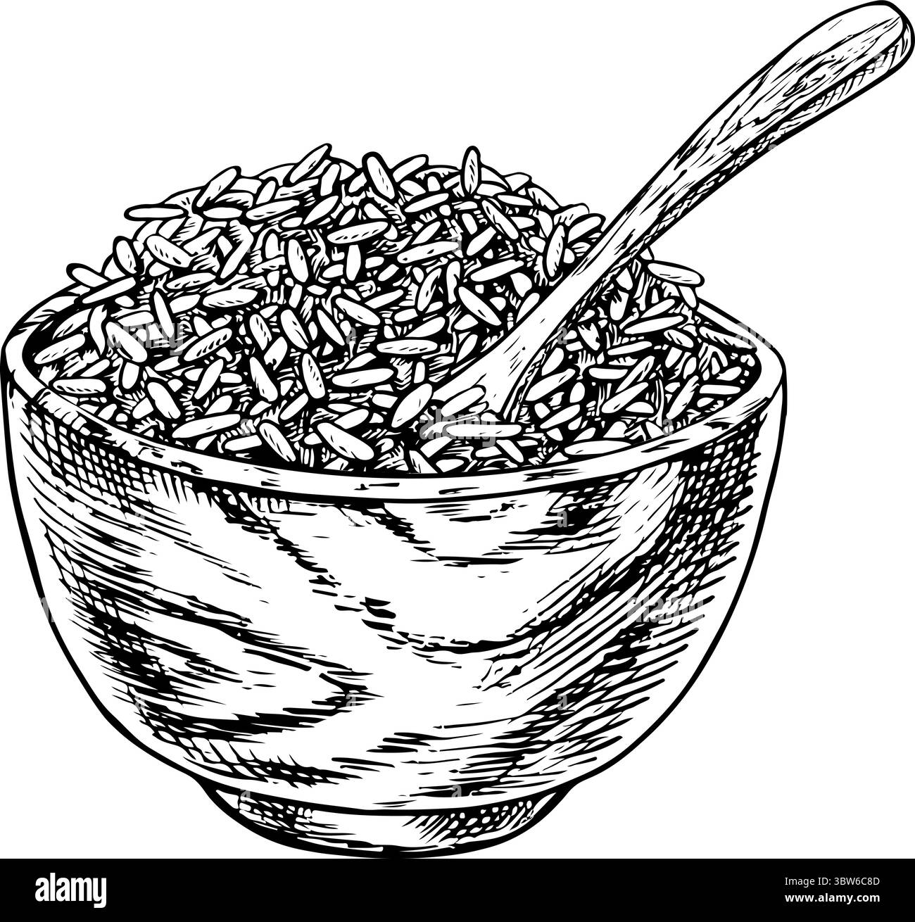 Riz ou avoine, blé ou seigle dans un bol en bois. Graphiques en noir et blanc, illustrations vectorielles. Élément de conception pour menus, recettes et livres de cuisine. Pour Illustration de Vecteur