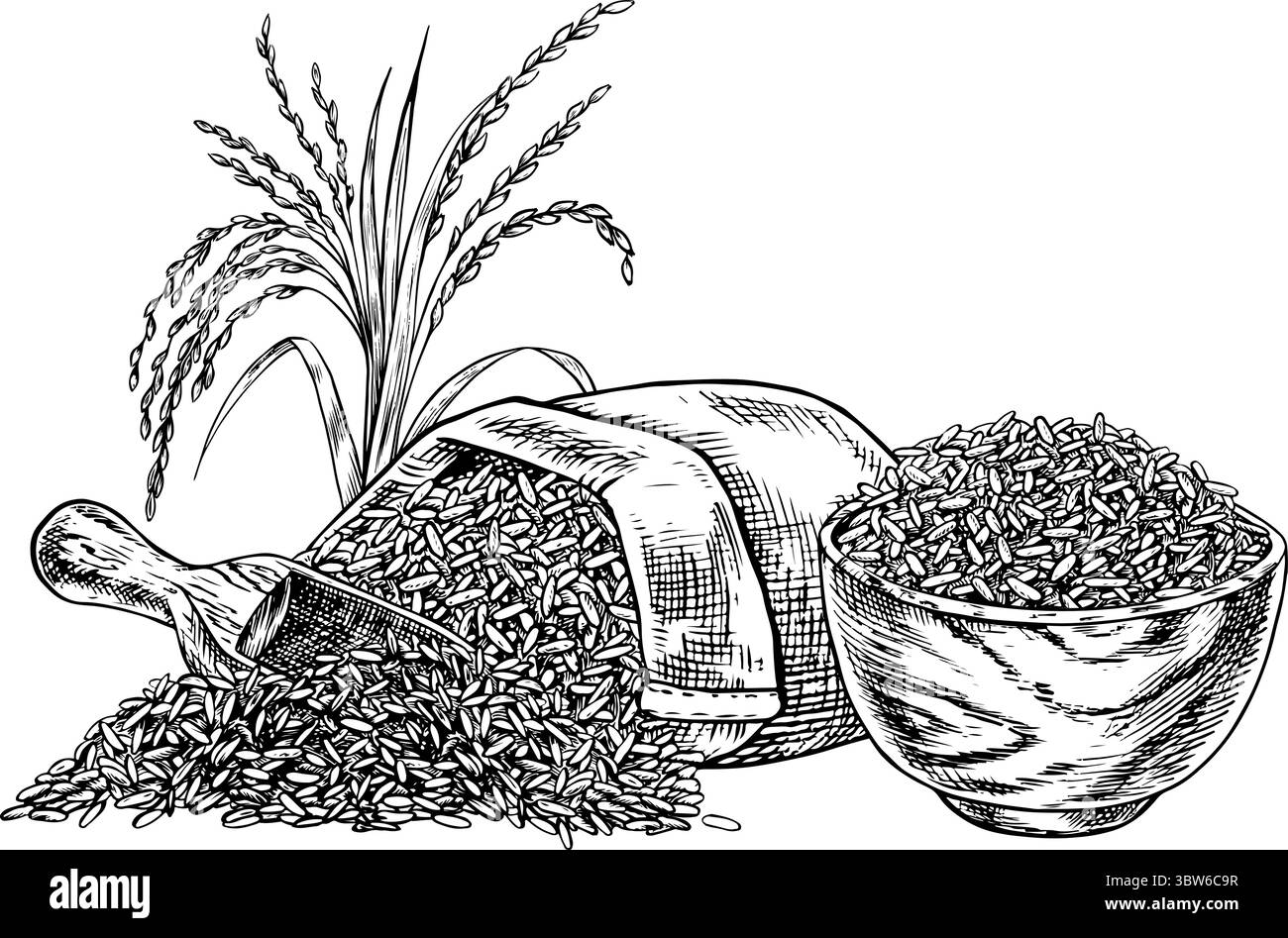 Sacs en toile de jute et un bol en bois avec riz ou avoine, blé ou seigle. Graphiques en noir et blanc, illustrations vectorielles. Élément de conception pour menus, recettes et Illustration de Vecteur