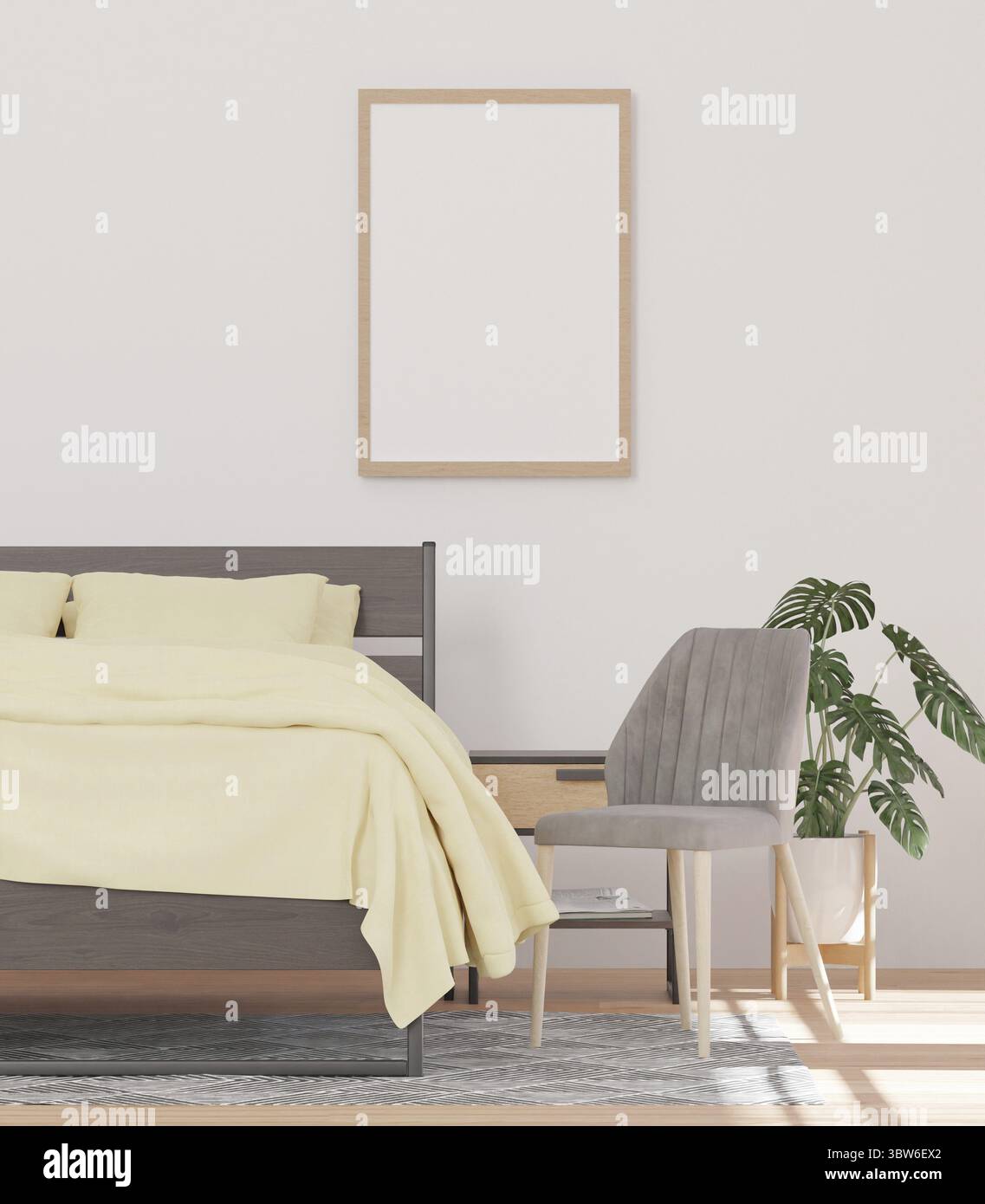 Chambre minimale et mur blanc, cadre maquette et espace de copie - rendu 3D - Banque D'Images