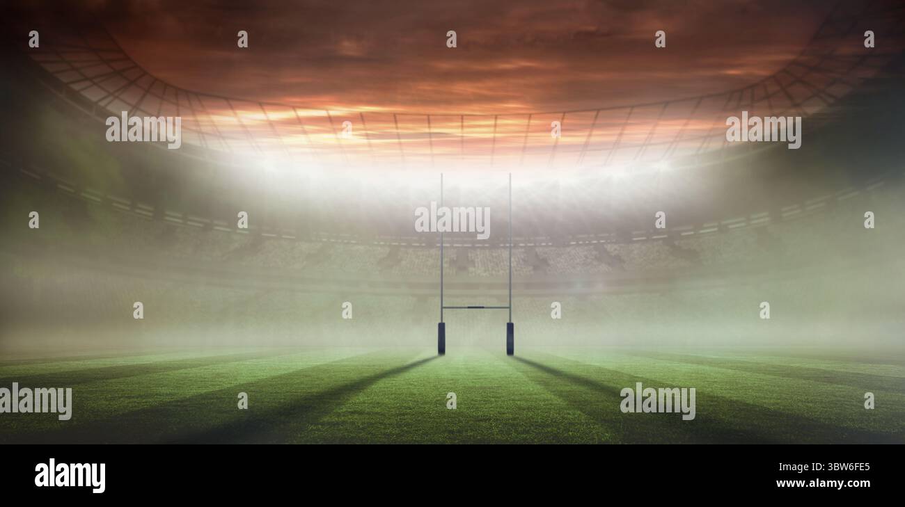 Conception plate montrant un stade de rugby vide avec poteaux de but, projecteurs, pelouse, brume dérivante Banque D'Images