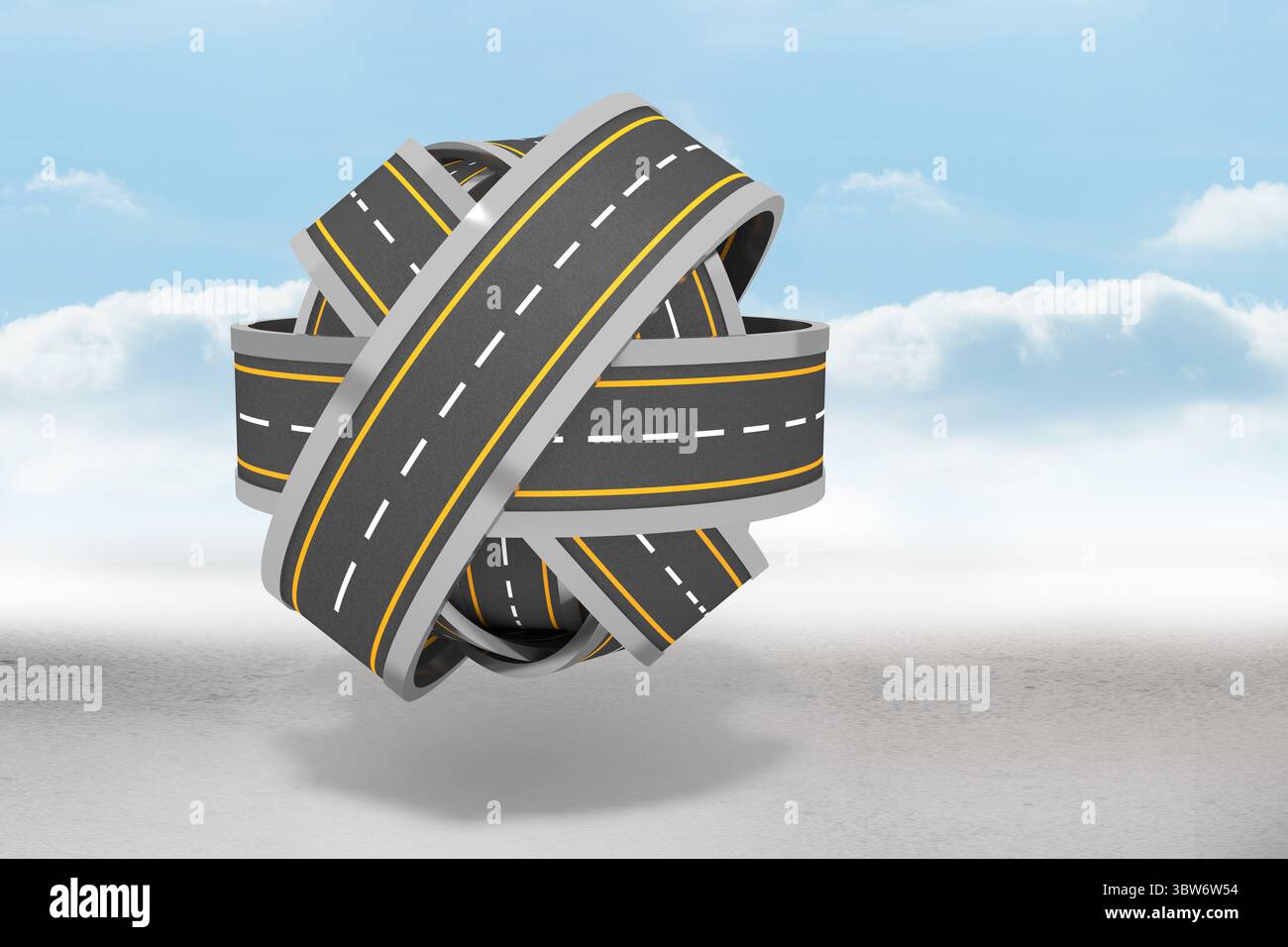 Le rendu Surreal 3D montre un nœud d'autoroutes asphaltées avec des bandes jaunes flottant au-dessus du plan gris Banque D'Images