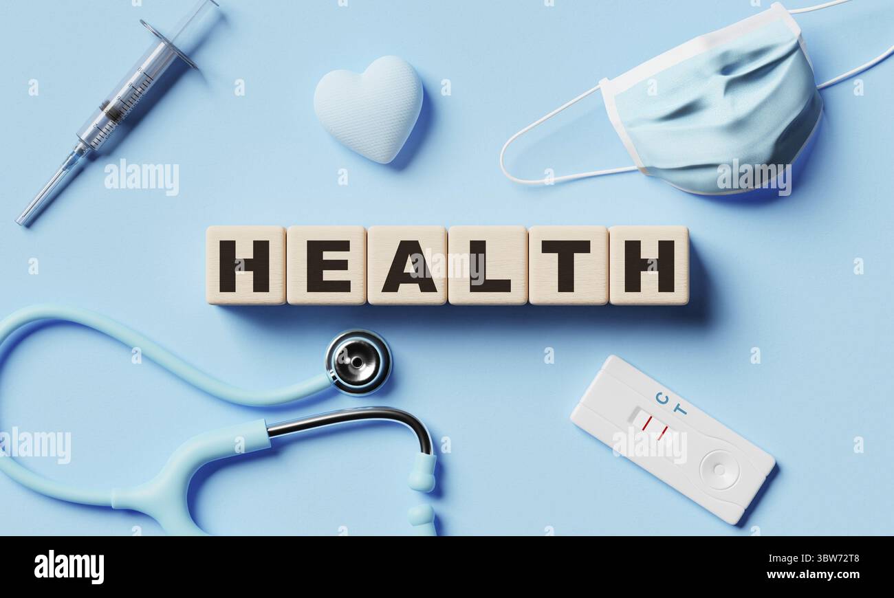 Cubes de blocs de mots en bois de santé avec équipement médical sur fond de papier bleu. Santé et concept sain. 3D rendu d'illustration Banque D'Images