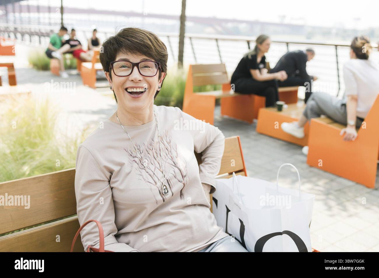 Outdoor-Portrait einer schoenen und eleganten lachenden Frau mittleren alters (55 - 60 Jahre), die ein langaermeliges Oberteil traegt und auf einer Ba Banque D'Images