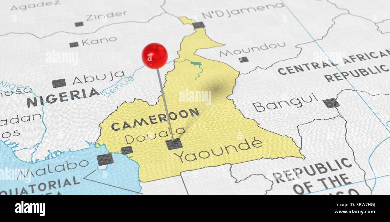 Cameroun, Yaoundé - punaise sur la carte politique - illustration 3D. Banque D'Images