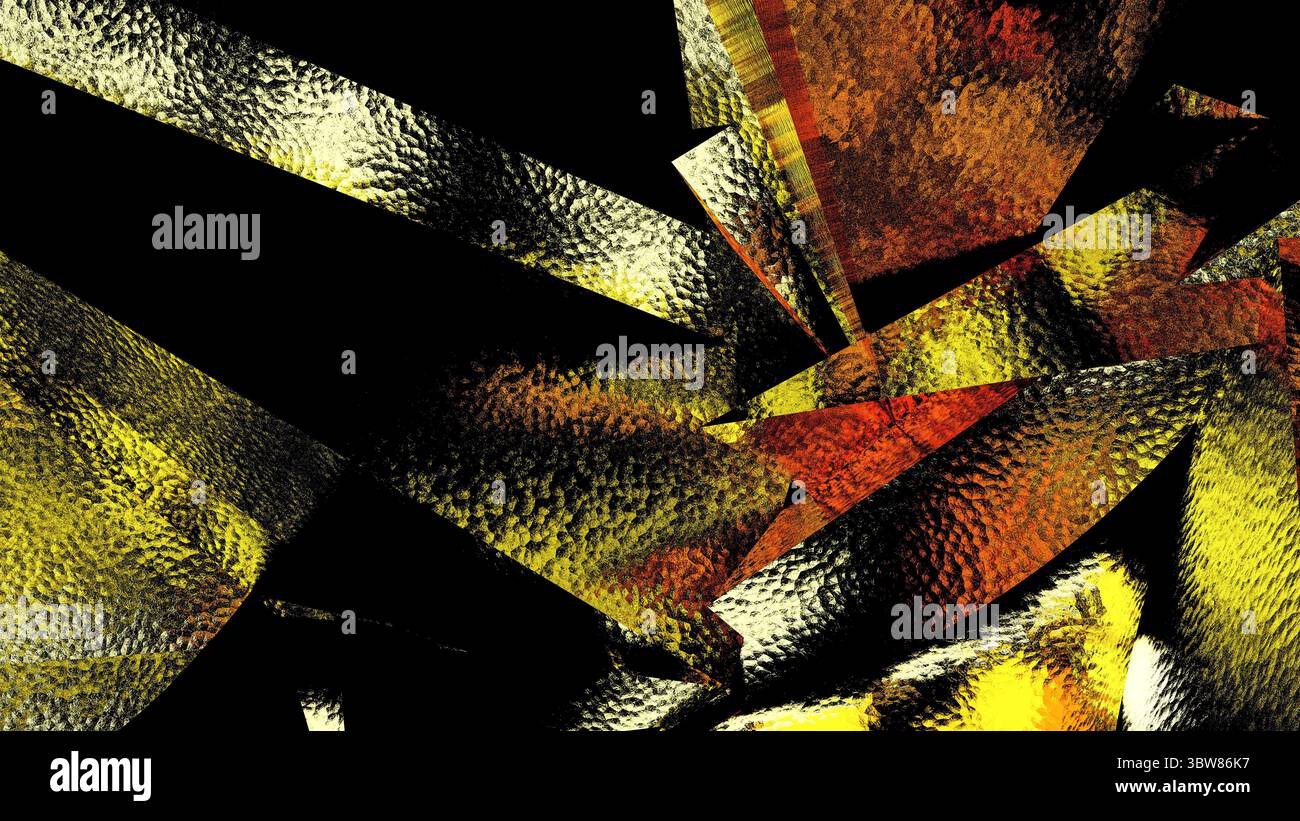 Illustration abstraite géométrique rendue par ordinateur dans les couleurs rouge et jaune sur un fond noir Banque D'Images