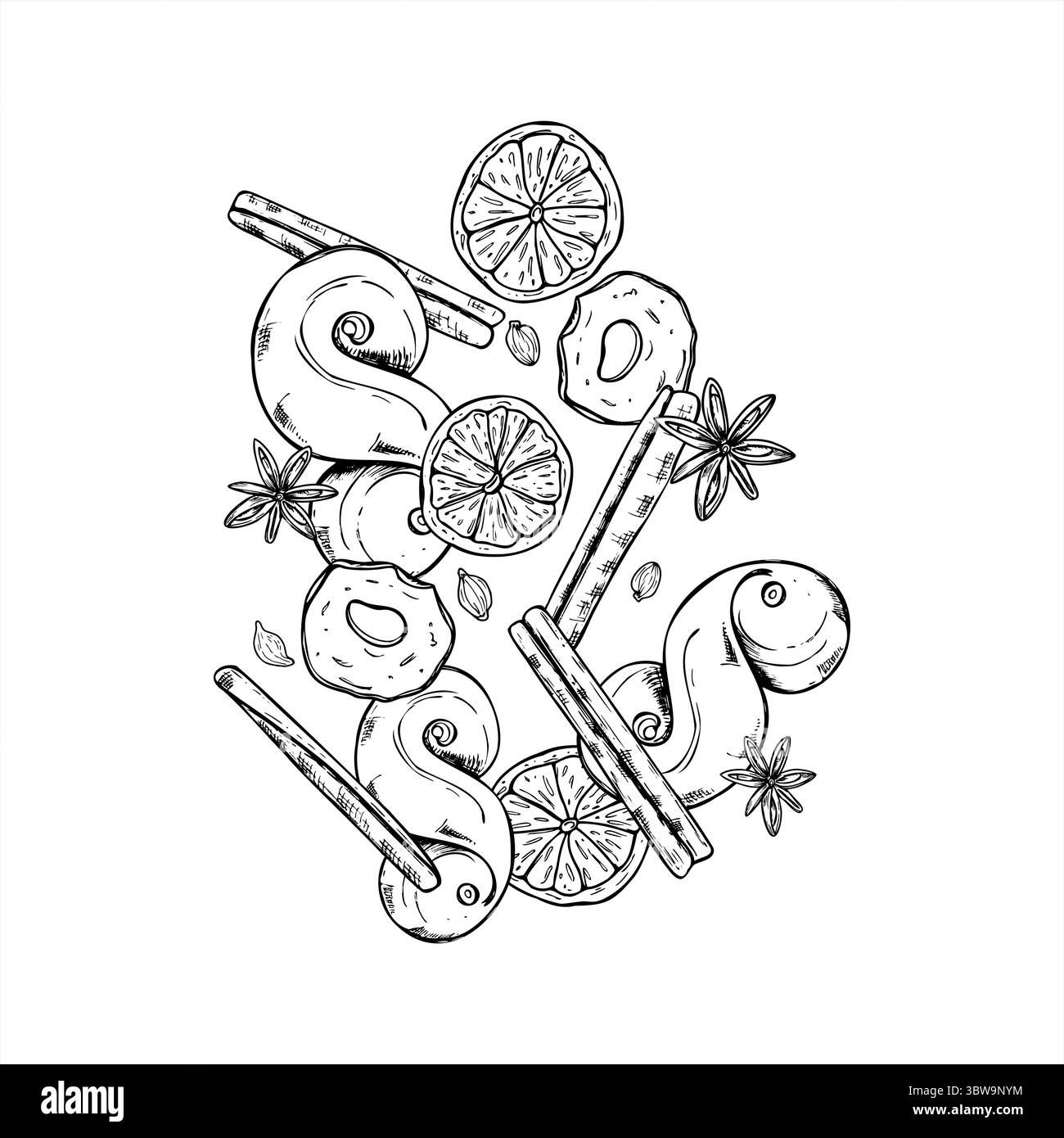 Épices de Noël volantes, tranche de fruits séchés et pain au safran illustration vectorielle noire et blanche. Bâton de cannelle, tranches d'orange et de pomme, anis Illustration de Vecteur