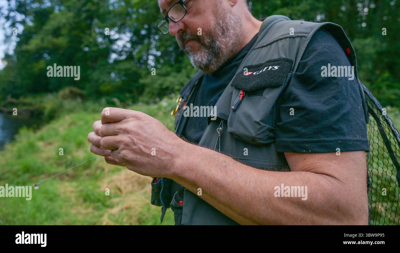 Pêcheur à la mouche de truite attaché la nymphe à la ligne sur la Cleddau est, Pembrokeshire, pays de Galles, Royaume-Uni Banque D'Images
