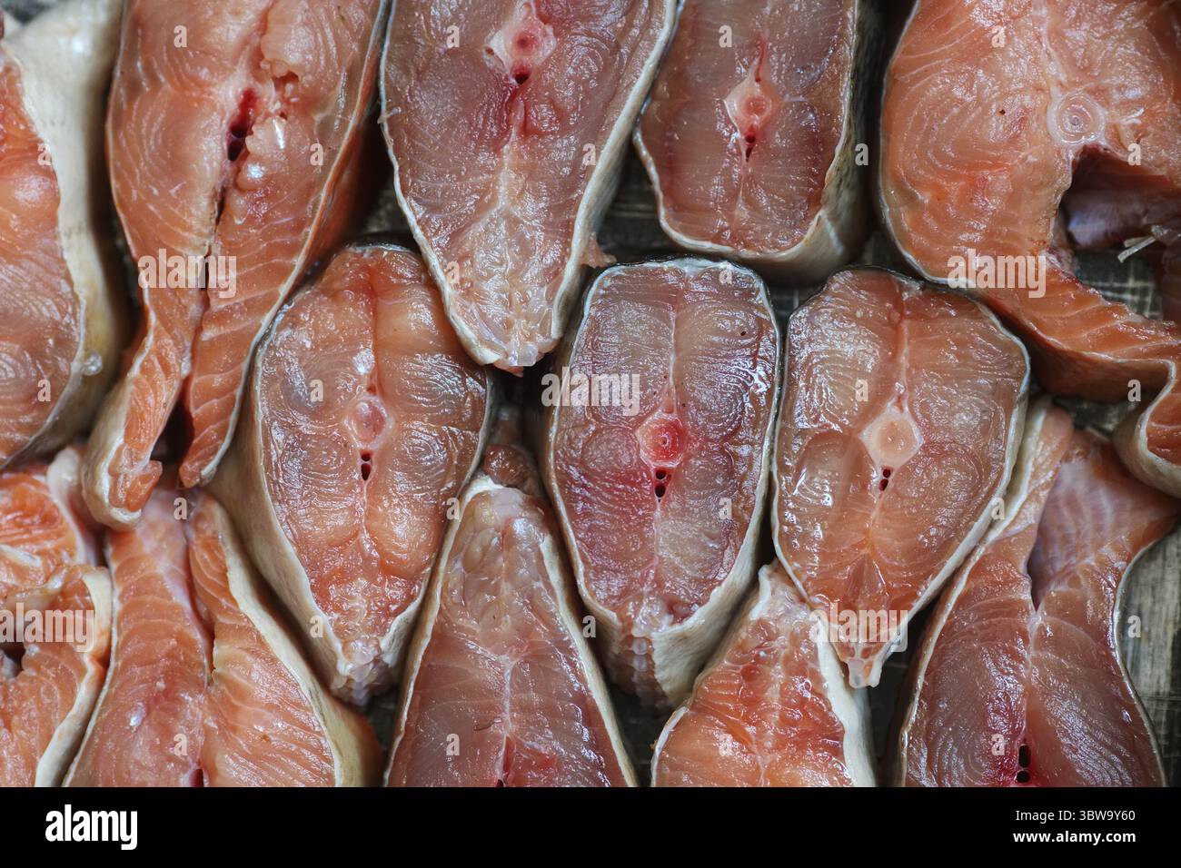 Des tranches de poisson rouge sont disposées en rangée. Résumé du saumon kéta ou saumon rose en gros plan. Toile de fond pour les produits du poisson Banque D'Images