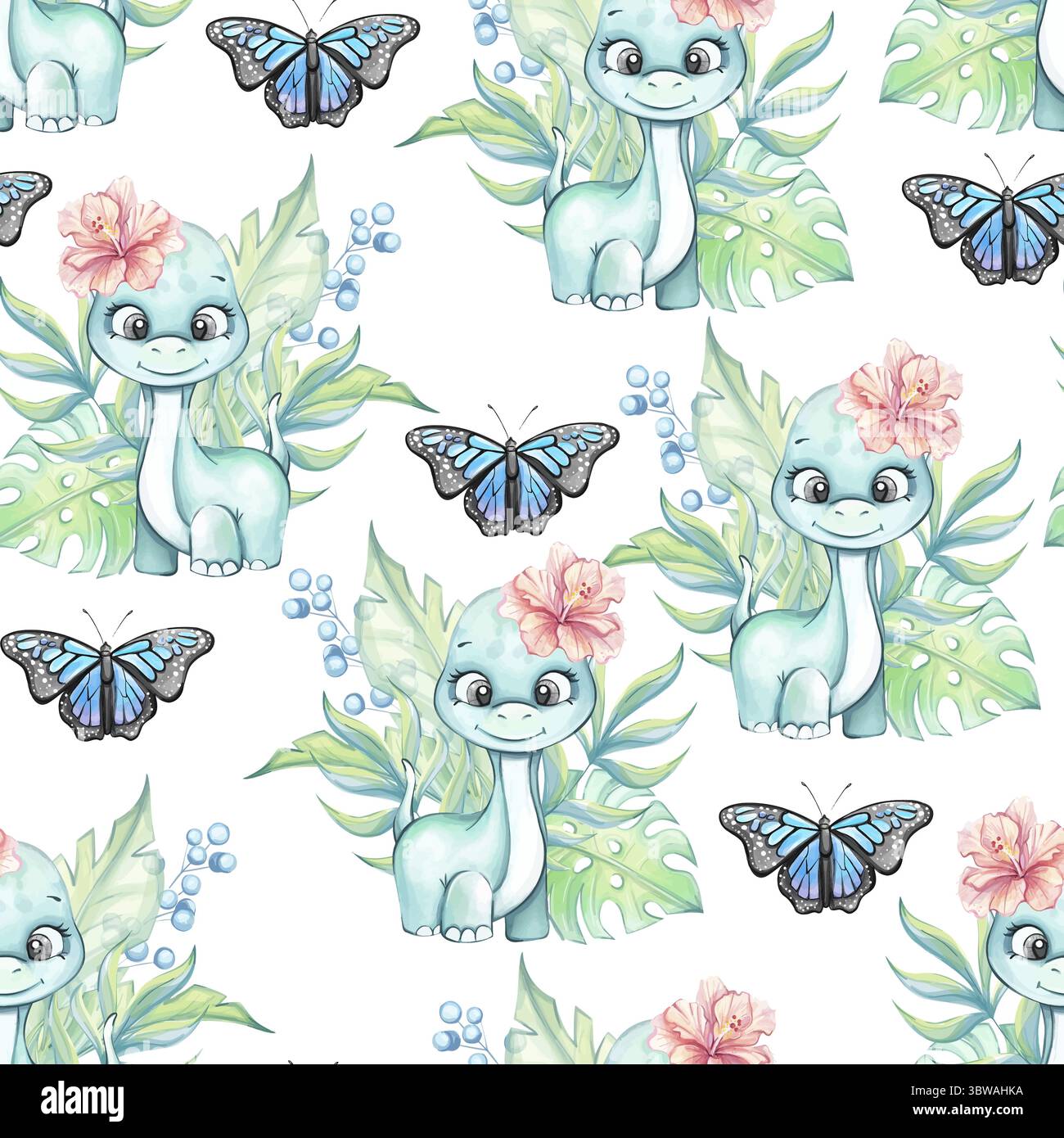 Papier peint de fond à motif aquarelle sans couture avec des dinosaures mignons parmi les feuilles tropicales et les papillons avec des accents floraux Illustration de Vecteur