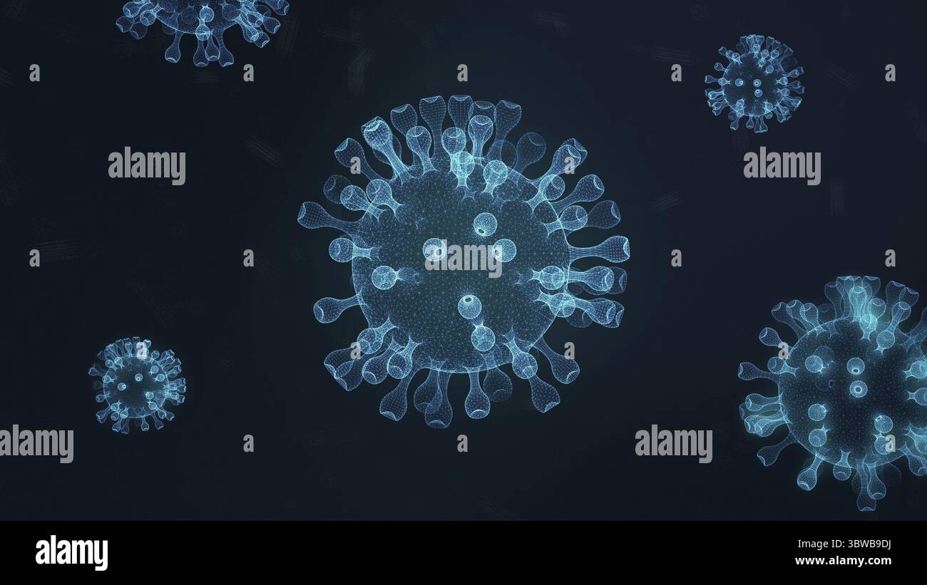 Gros virus de l'influenza dans le vaisseau sanguin. Bleu abstrait Covid-19 filaire Coronavirus fond. Science et concept médical. Noyau micro Corona v Banque D'Images