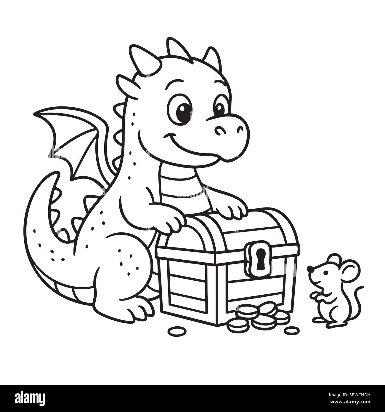 Dragon de dessin animé avec coffre au trésor et souris. Illustration de Vecteur