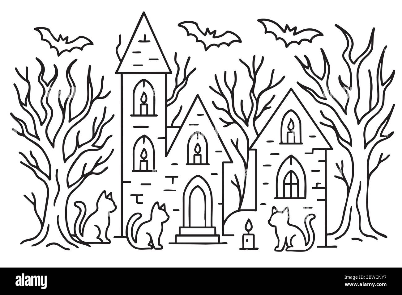 Maison hantée effrayante avec des chauves-souris et des bougies. Illustration de Vecteur