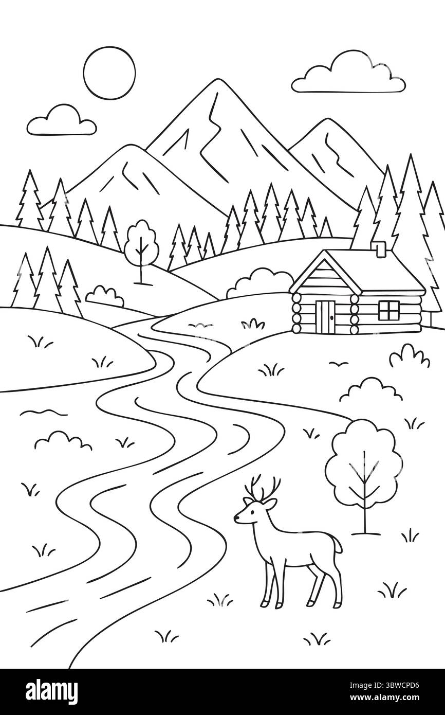 Paysage de montagne avec cerfs et cabane. Illustration de Vecteur