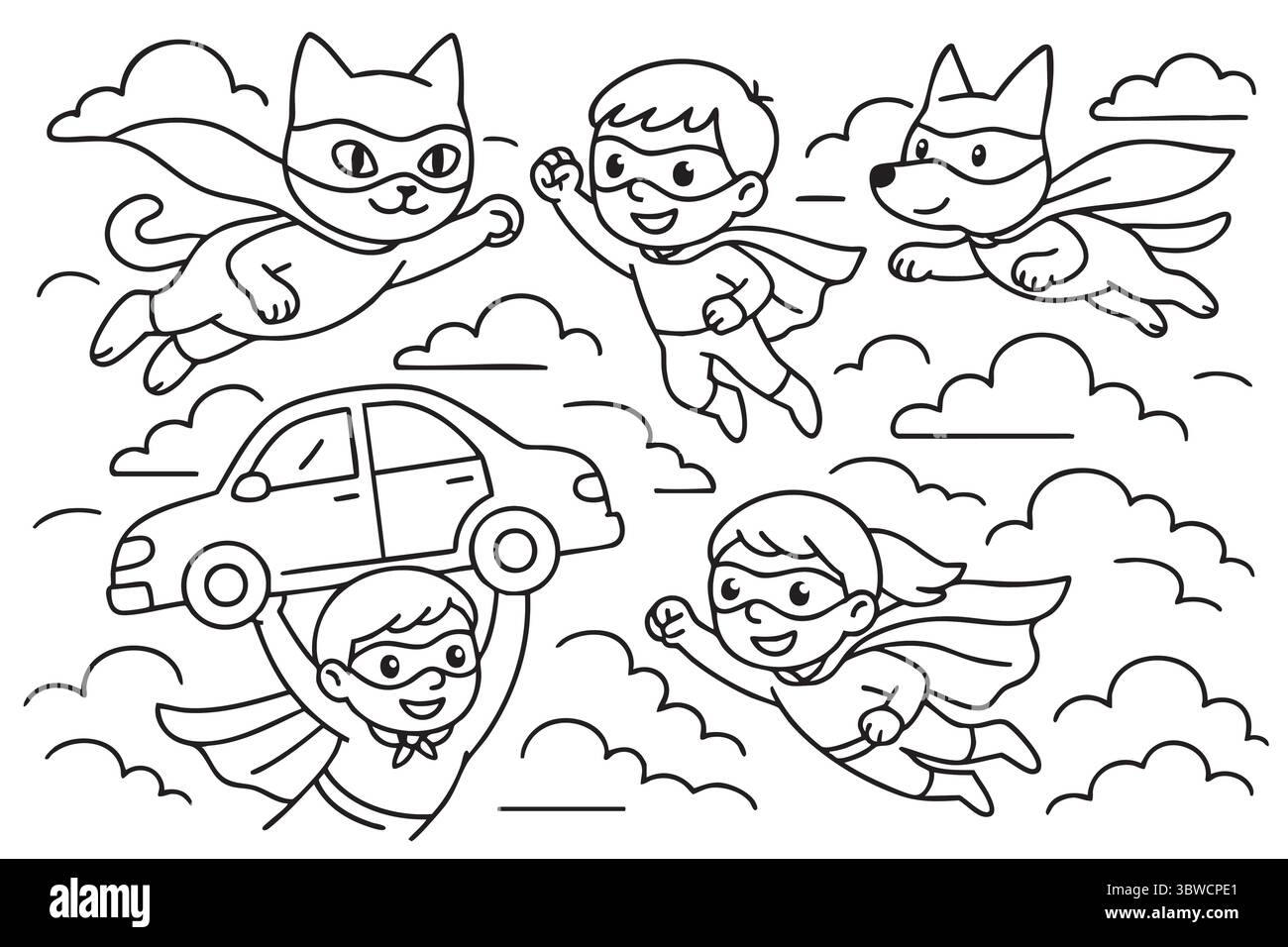 Super-héros volant dans le ciel avec des animaux de compagnie et voiture. Illustration de Vecteur