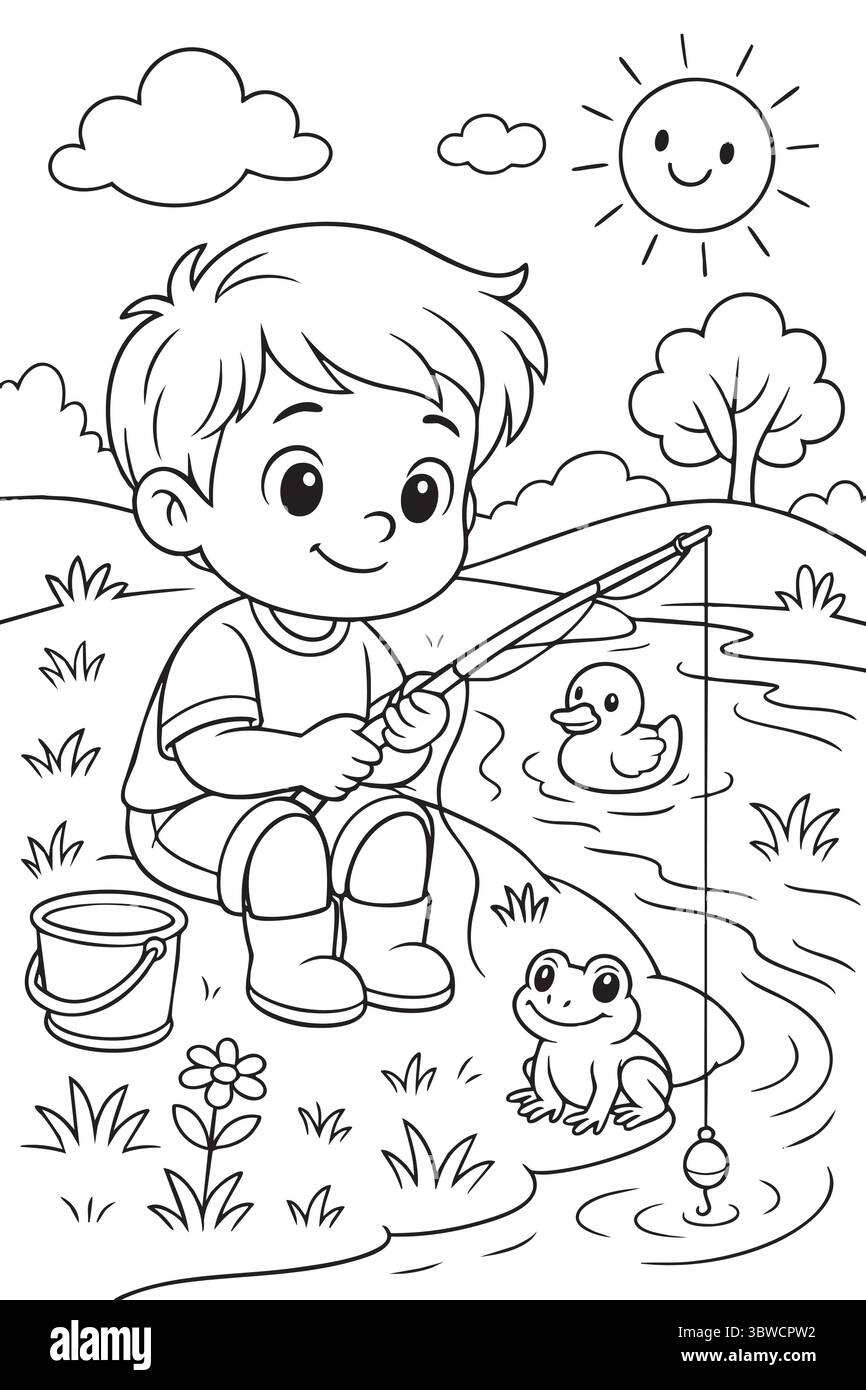 Garçon pêchant au bord de la rivière avec grenouille et canard Illustration de Vecteur