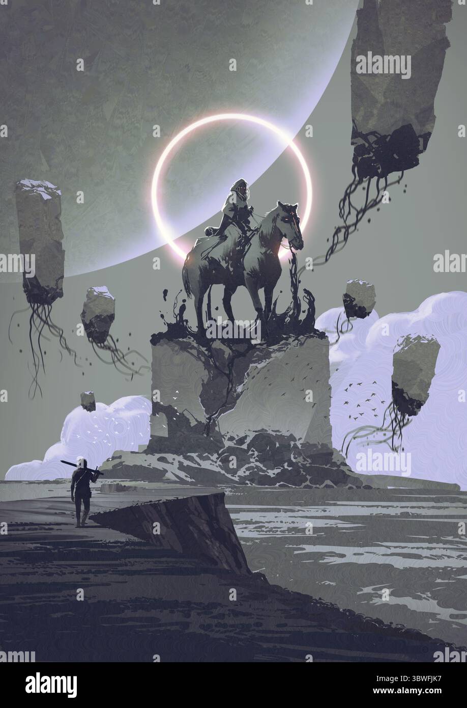 Un voyageur solitaire s'approche d'un mystérieux monument d'un cavalier à capuche à cheval, entouré de monolithes flottants et d'un anneau lumineux étrange dans un Othe Banque D'Images