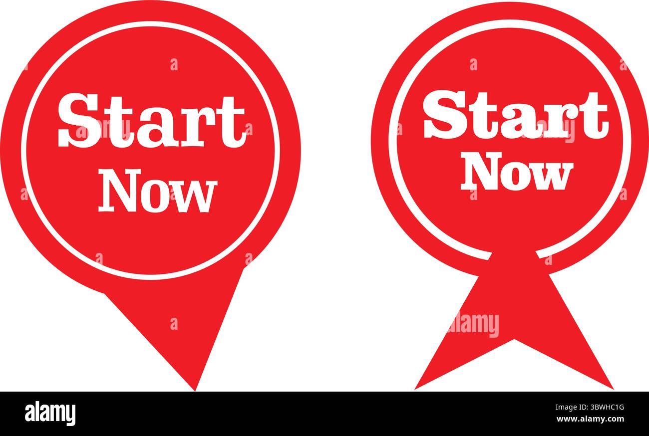 Rouge vif START NOW étiquette de bulle de discours et pack d'icônes de pointeur pour les bannières promotionnelles numériques Illustration de Vecteur